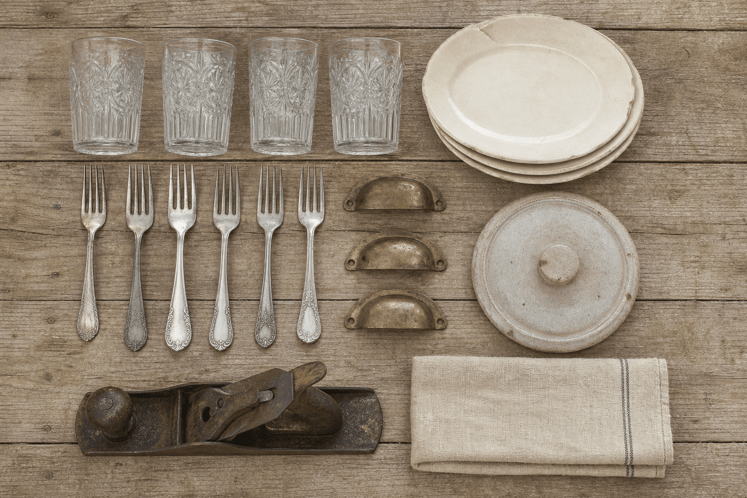 Vintage pressed-glass tumblers, cream dessert plates, silver-plate forks, brass drawer pulls, a crock lid, a hand plane and a folded linen towel laid out in a grid on bare pine boards.