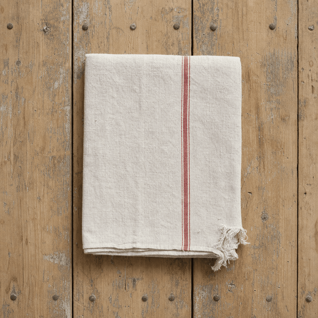 A folded plain linen kitchen towel with a thin stripe, frayed at one corner, on bare pine boards.